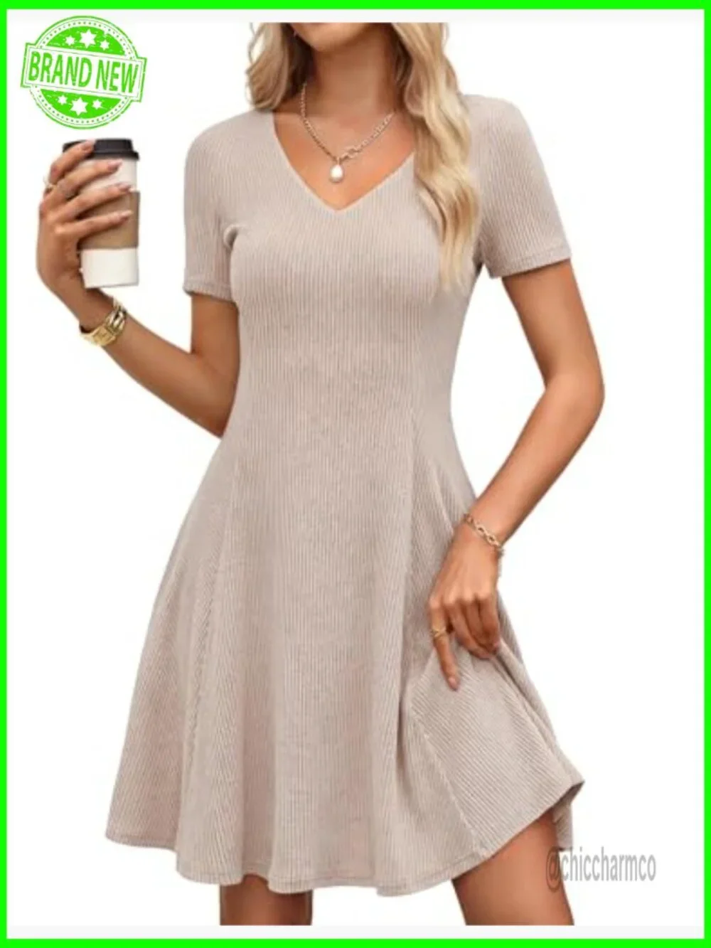 V-Neck Ribbed Knit Mini Dress Short Sleeve A-Line Casual Work Summer - Picture 2 of 7